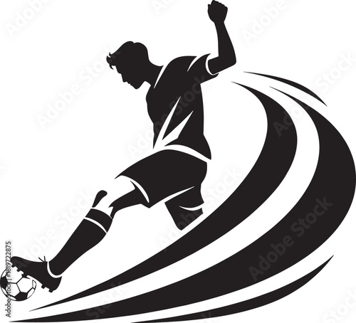 Dynamic soccer player silhouette kicking the ball with energetic motion