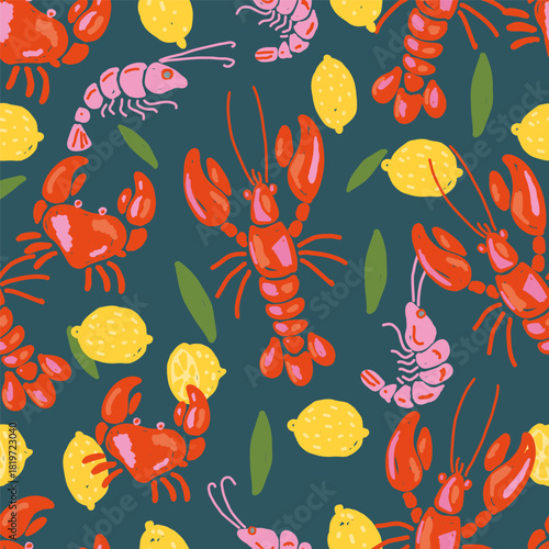 Seafood Pattern with Lobsters Crabs Shrimps and Lemons. Hand Drawn Mediterranean Naive Style Seamless Vector Design