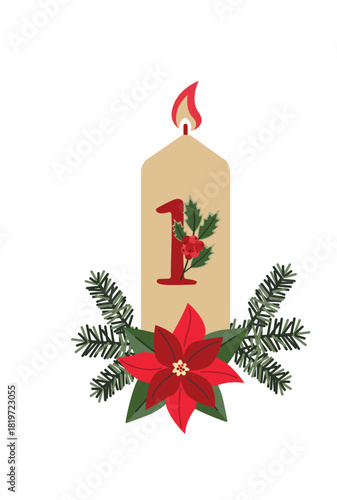 Advent Candle with Number 1 and Poinsettia Festive Vector Illustration for Christmas Countdown and Seasonal Decor