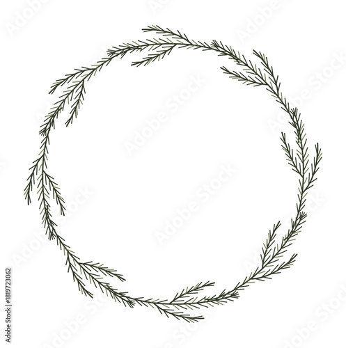Minimal Pine Branch Wreath Hand Drawn Vector Frame for Winter, Christmas or Nature Inspired Designs.