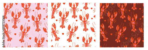 Valentine’s Day Lobster Seamless Pattern Set in Hand Drawn Imperfect Style. Perfect for romantic designs, textiles and wrapping paper.