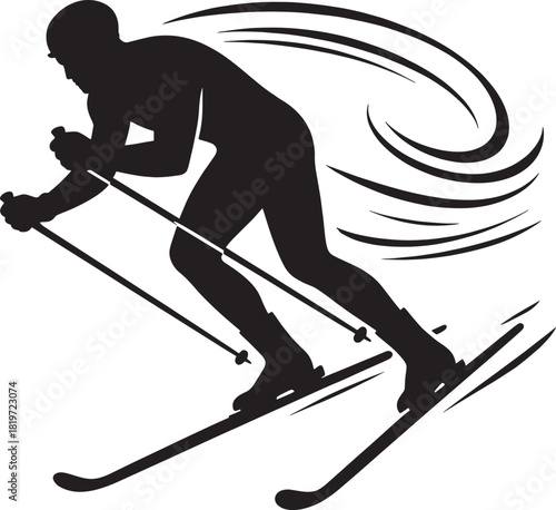 A dynamic black silhouette of a skier in motion down a snowy slope