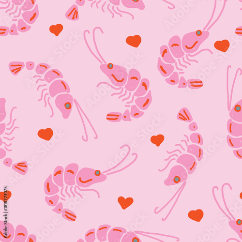 Valentine’s Day Shrimp Pattern in Pink Hand Drawn Seamless Design with Hearts and Whimsical Style.