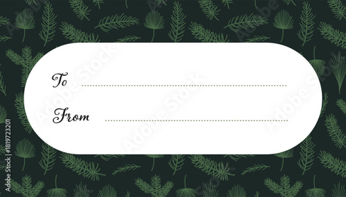 Elegant Gift Tag with Pine Branch Background Minimal Hand Drawn Vector Label for Holiday Wrapping and Seasonal Packaging.
