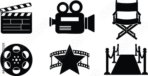 Movie cinema film production icons set with clapperboard camera director chair star and red carpet vector illustration