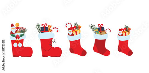 Christmas Stockings and Boots Filled with Gifts and Candy Cute Vector Set for Holiday Decorations and St Nicholas Day.