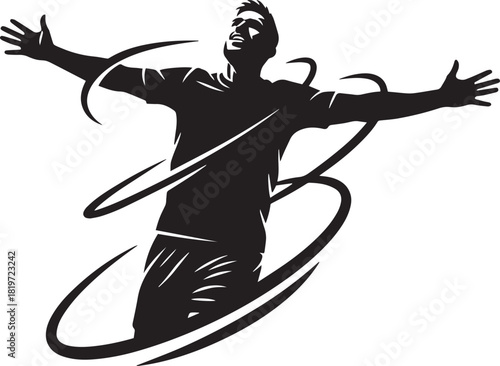Silhouette of a man with arms outstretched dynamic swirling lines around him
