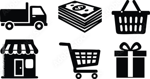 Delivery truck money shopping basket store shopping cart gift box vector icons set