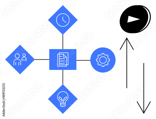 Central document linked with a clock, team, bulb, and gear, symbolizing time, teamwork, ideas, and productivity. Ideal for project management workflow collaboration innovation scheduling