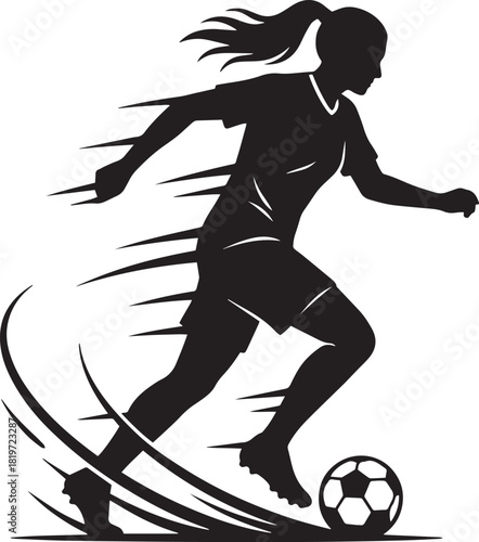 Silhouette of a female soccer player in dynamic motion with a ball