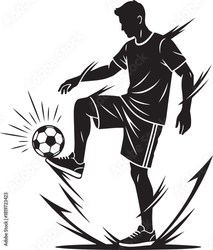 Silhouette of a soccer player kicking the ball with dynamic energy