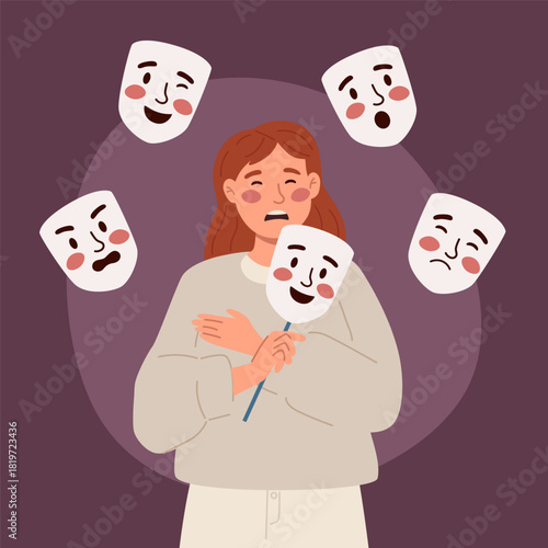 Sad Woman Holding Masks with Different Emotions.