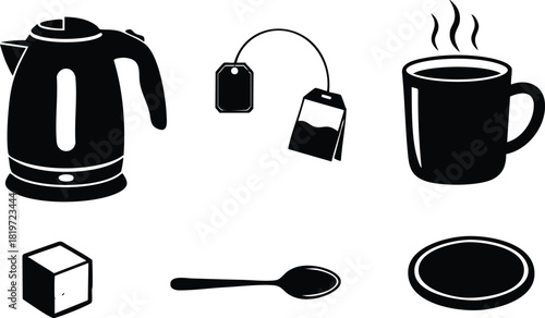 Electric kettle tea bags hot cup sugar cube spoon and plate vector illustration