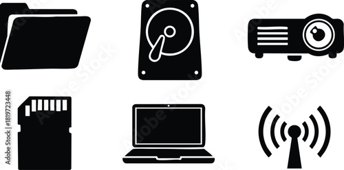 Computer file folder hard drive projector memory card laptop wifi icons vector illustration