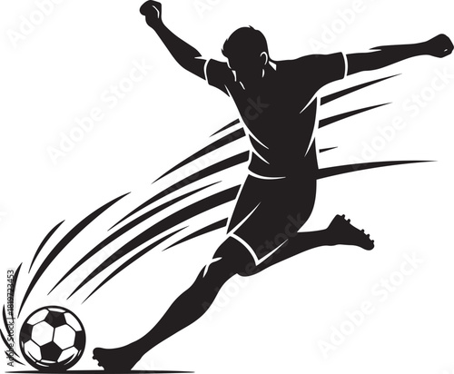 A dynamic silhouette of a soccer player kicking the ball with speed