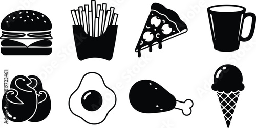 Fast food icons burger fries pizza coffee roll egg chicken ice cream vector illustration