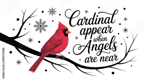 Vibrant red cardinal perched on a bare winter tree branch with falling snowflakes and inspirational text silhouette