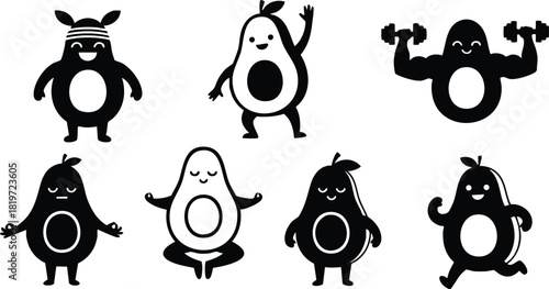 Funny avocado characters with different expressions and poses vector illustration