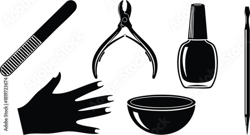 Manicure tools and hand silhouette vector illustration with nail polish bowl and brush