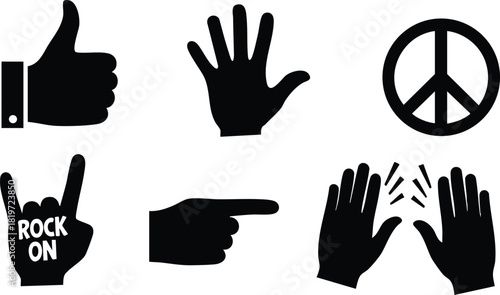 Hand Gesture Icons Set Including Rock On Peace Thumbs Up Applause Vector Illustration