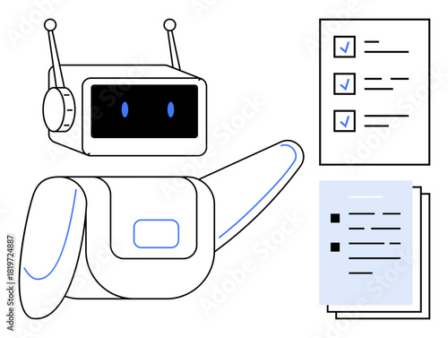 Robot pointing at a checklist with completed tasks and additional stacked documents. Ideal for automation, AI, productivity, efficiency, technology, task management, workflow. Simple flat metaphor