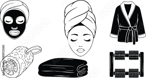 Spa and wellness icons face mask towel bathrobe massage stones vector illustration