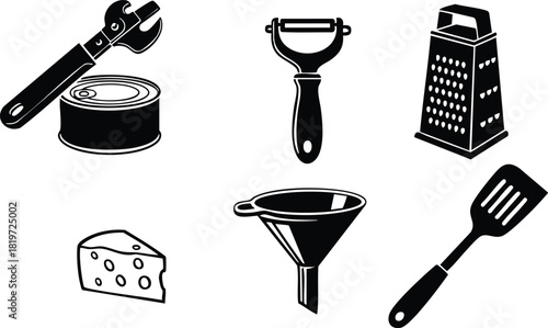 Kitchen tools and utensils set including wrench can opener peeler grater cheese spatula vector illustration