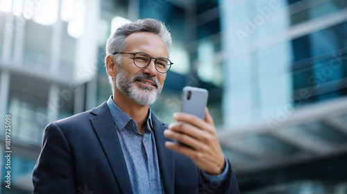 Portrait of accomplished senior corporate consultant observing camera faceless businessman defocused modern office building background professional confidence display executive
