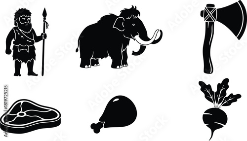Prehistoric caveman with spear mammoth axe meat drumstick and beet vector silhouette collection
