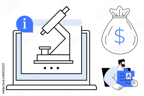 Laptop with microscope icon, financial bag with dollar sign, and person holding document. Ideal for science, education, funding, data sharing, analysis technology knowledge dissemination. Simple