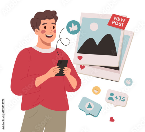 Man Like New Post in Social Media Feed on Phone.