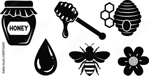 Honey jar dripping honey dipper bee hive flower drop vector illustration icons set