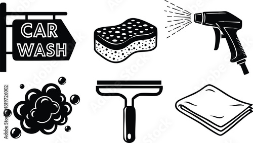 Car wash tools and equipment vector set with sponge hose spray squeegee and towel illustration