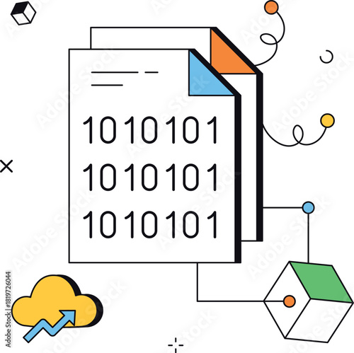 Binary code data processing via cloud computing isometric flat vector illustration