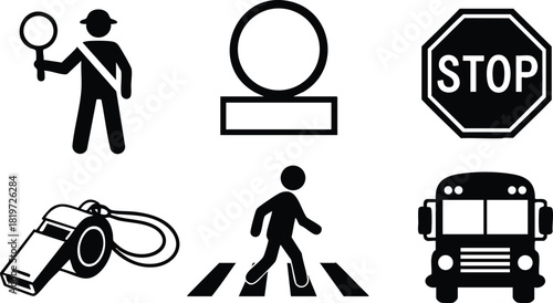 Traffic and pedestrian safety icons vector illustration with stop sign whistle and school bus