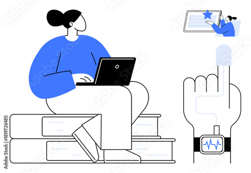 Woman sitting on stacked books, typing on a laptop, digital certificate interaction, smartwatch with heartbeat icon. Ideal for education, technology, remote learning, innovation, certification