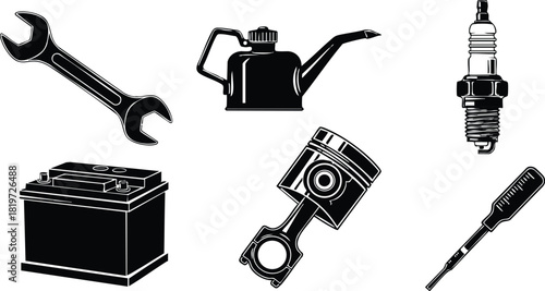 Car repair tools and parts vector illustration with wrench oil can spark plug battery piston screwdriver