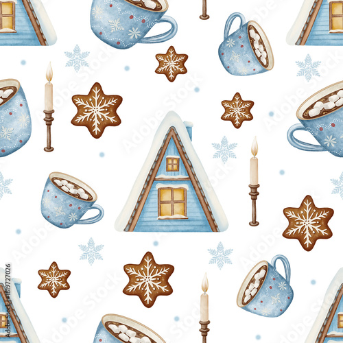 Seamless watercolor pattern featuring blue winter houses, cups of hot cocoa, gingerbread cookies, candles, and snowflakes. Perfect for festive wrapping paper, textiles, stationery, and holiday décor.