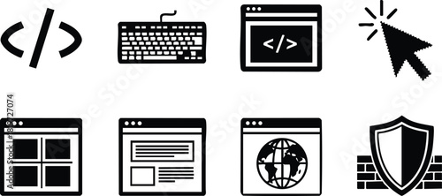 Coding icons set with keyboard cursor shield and browser window vector illustration