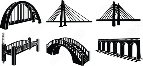 Collection of six different bridge silhouettes vector illustration showing various architectural designs and structures