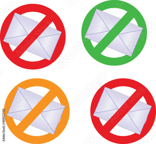 Prohibited email sign with envelopes in different color circles