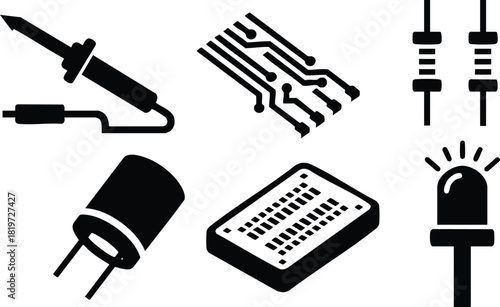 Electronic components soldering iron circuit board resistor diode led vector illustration