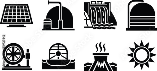 Renewable energy and solar power vector icons collection with solar panel and turbine design