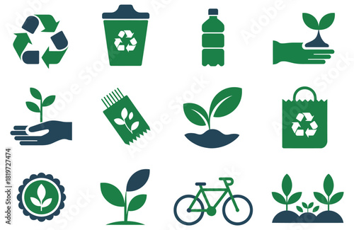 Set of green and blue recycling and ecology icons vector symbols for environmental protection isolated on white background