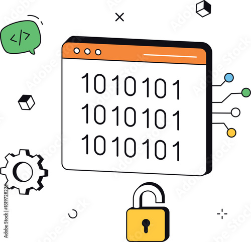 Cyber security binary code with padlock network isometric flat vector illustration
