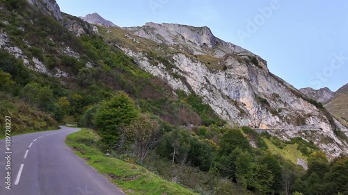 Driving up the Col d'Aubisque, France. Mountain pass in the French Pyrenees massif, symbol of the Tour de France in Bearn, France