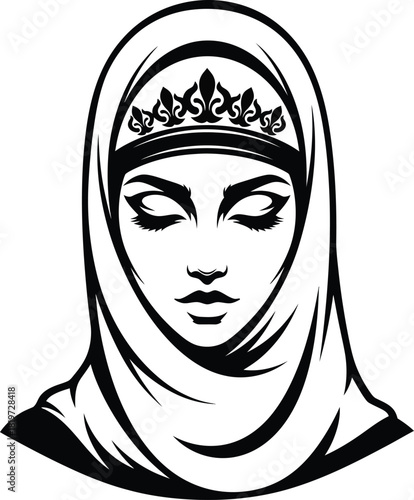 Vector art of muslim woman wearing hijab and crown islamic fashion style eps silhouette