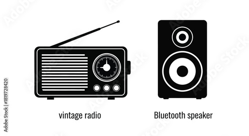 A comparison of a vintage radio and modern bluetooth speaker icon