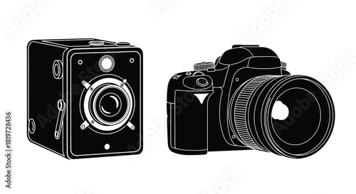 Vintage twin lens and modern dslr cameras in a black and white sketch