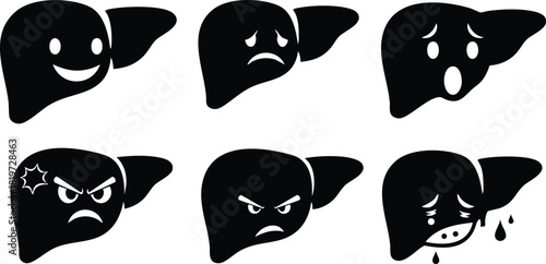 Liver icons with different emotional facial expressions vector set medical health concept